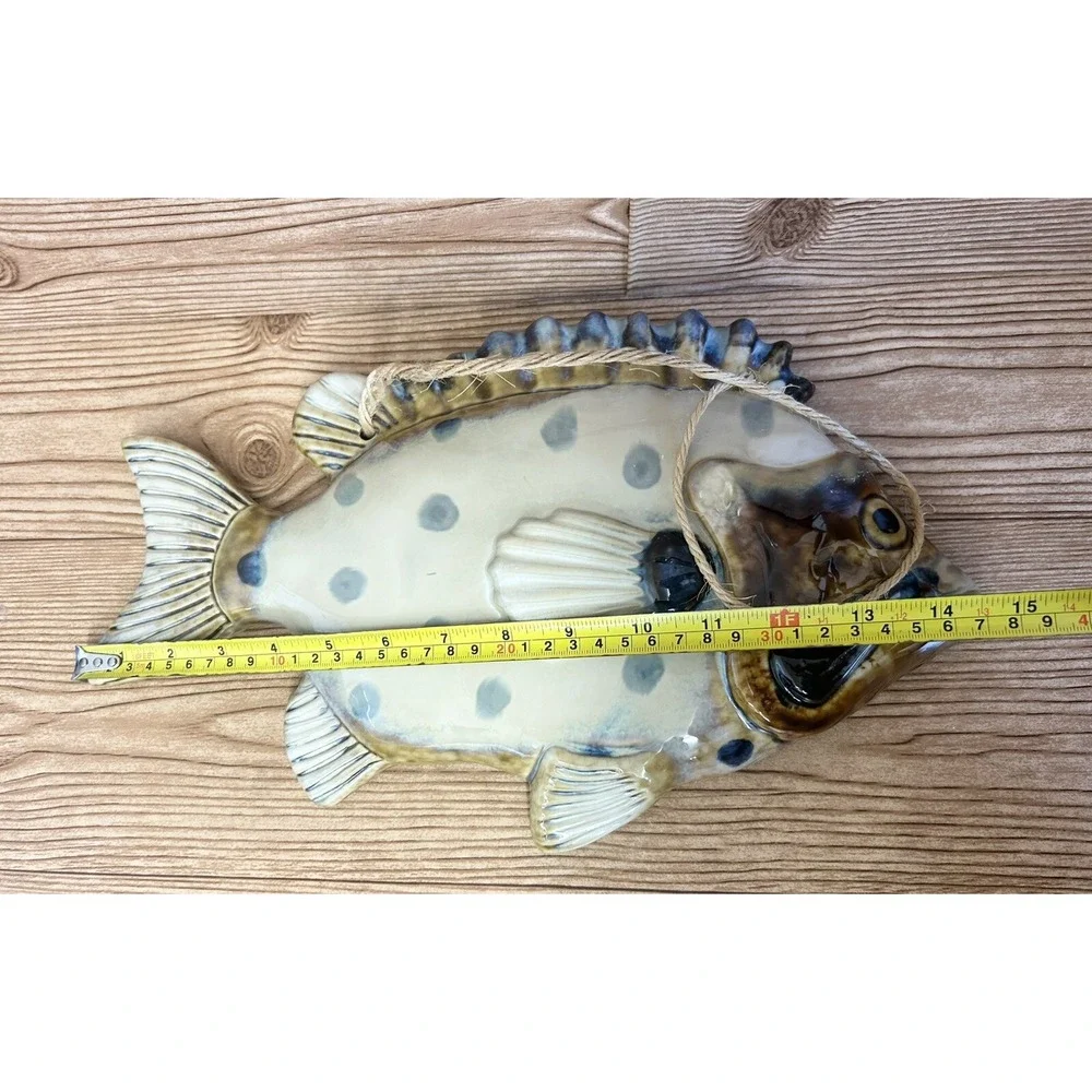 Ceramic Glazed Fish Wall Hanging Beige Brown Blue Polka Dots 14.5